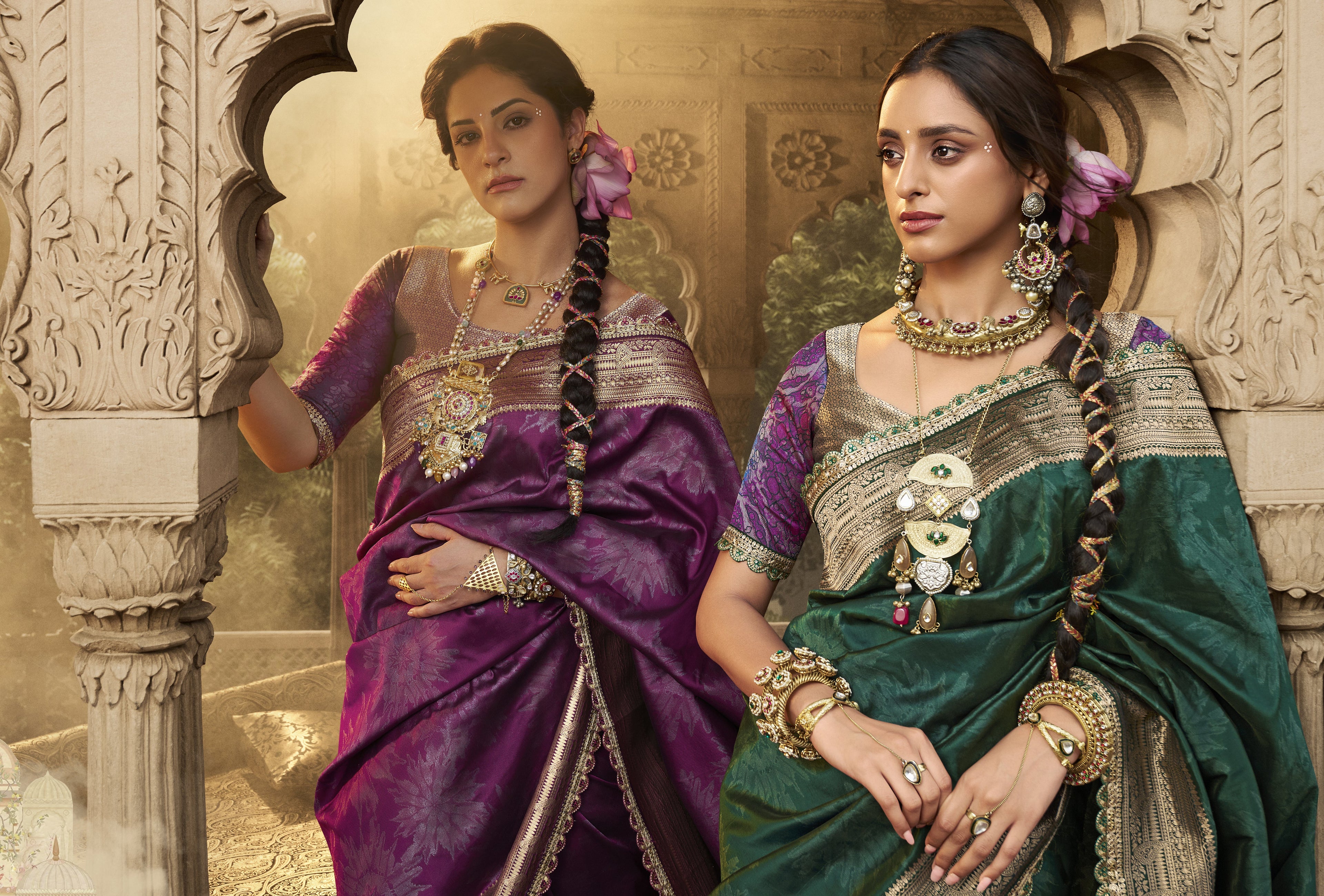 Bottle Green Jacquard Banarasi Silk Saree with Unstitch Blouse