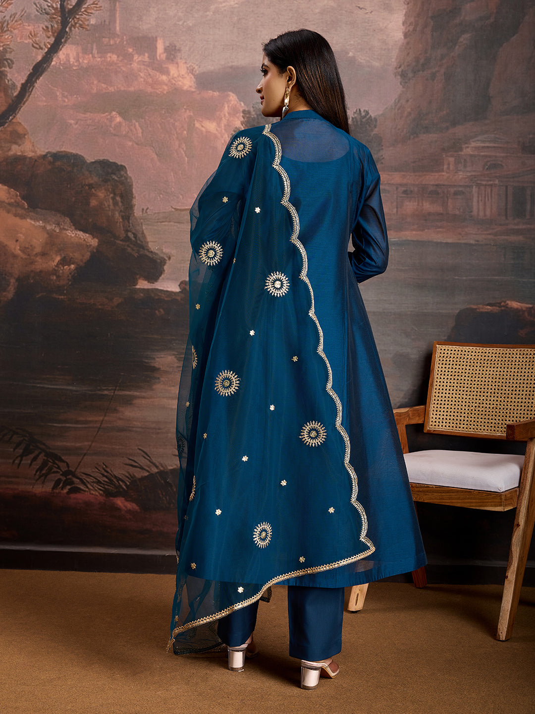 Blue Chanderi Cotton Silk Flared Kurta Set