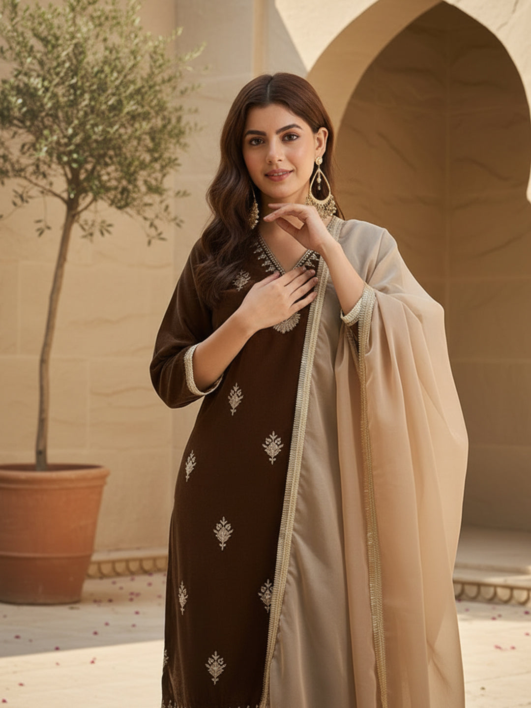 Brown Velvet Embroidered Kurta, Pant and Dupatta Set