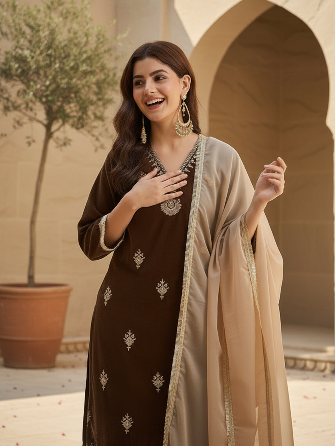 Brown Velvet Embroidered Kurta, Pant and Dupatta Set