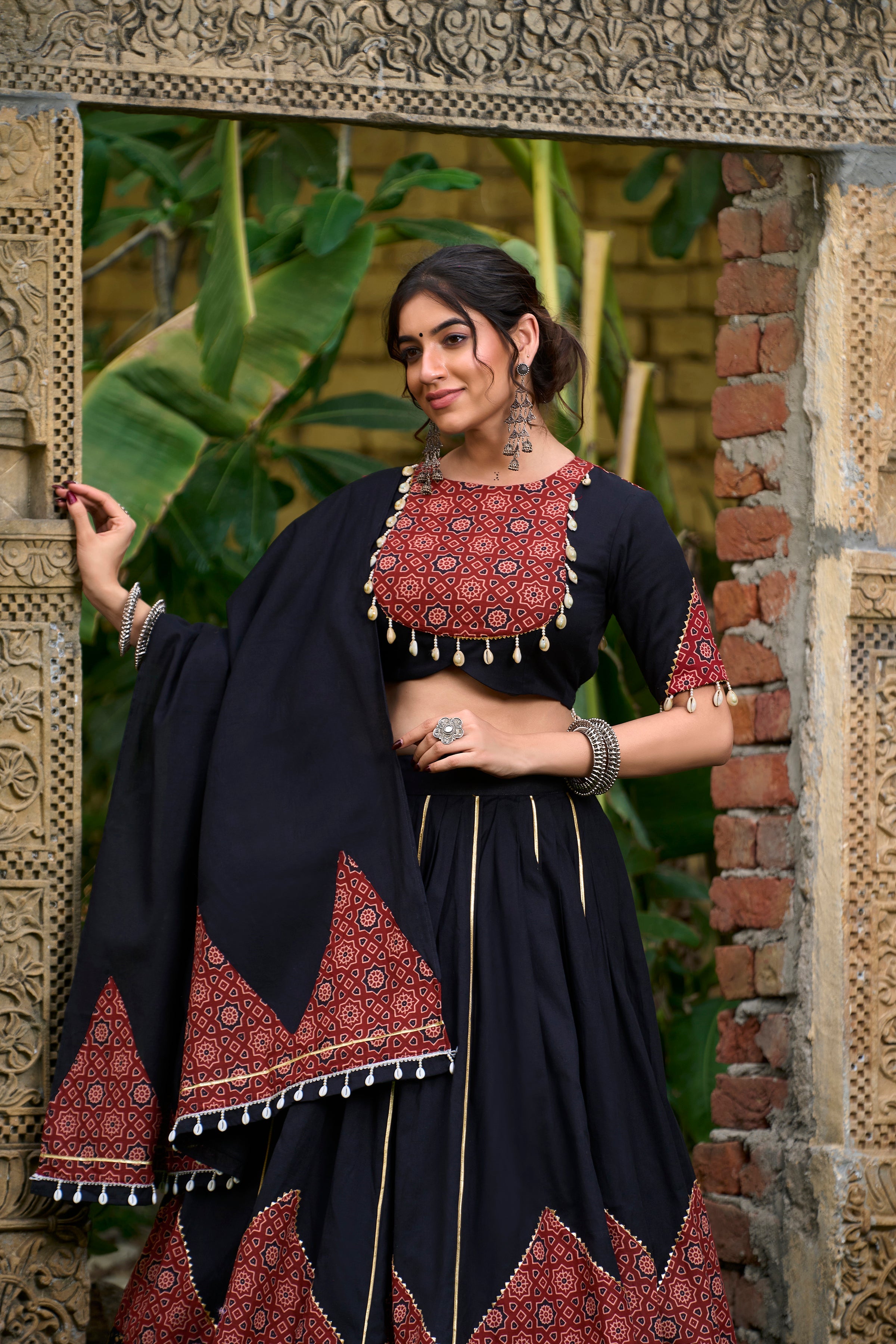 Black Printed Cotton Navratri Lehenga Choli