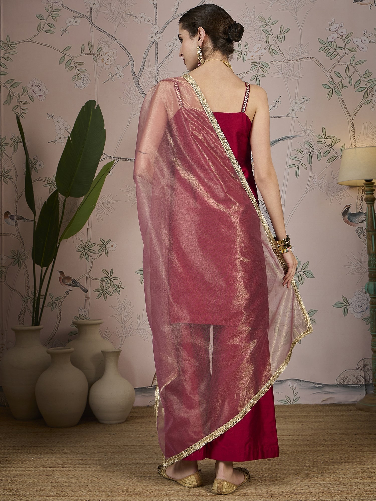 Berry Red Silk Blend Kurta, Pant and Net Dupatta set