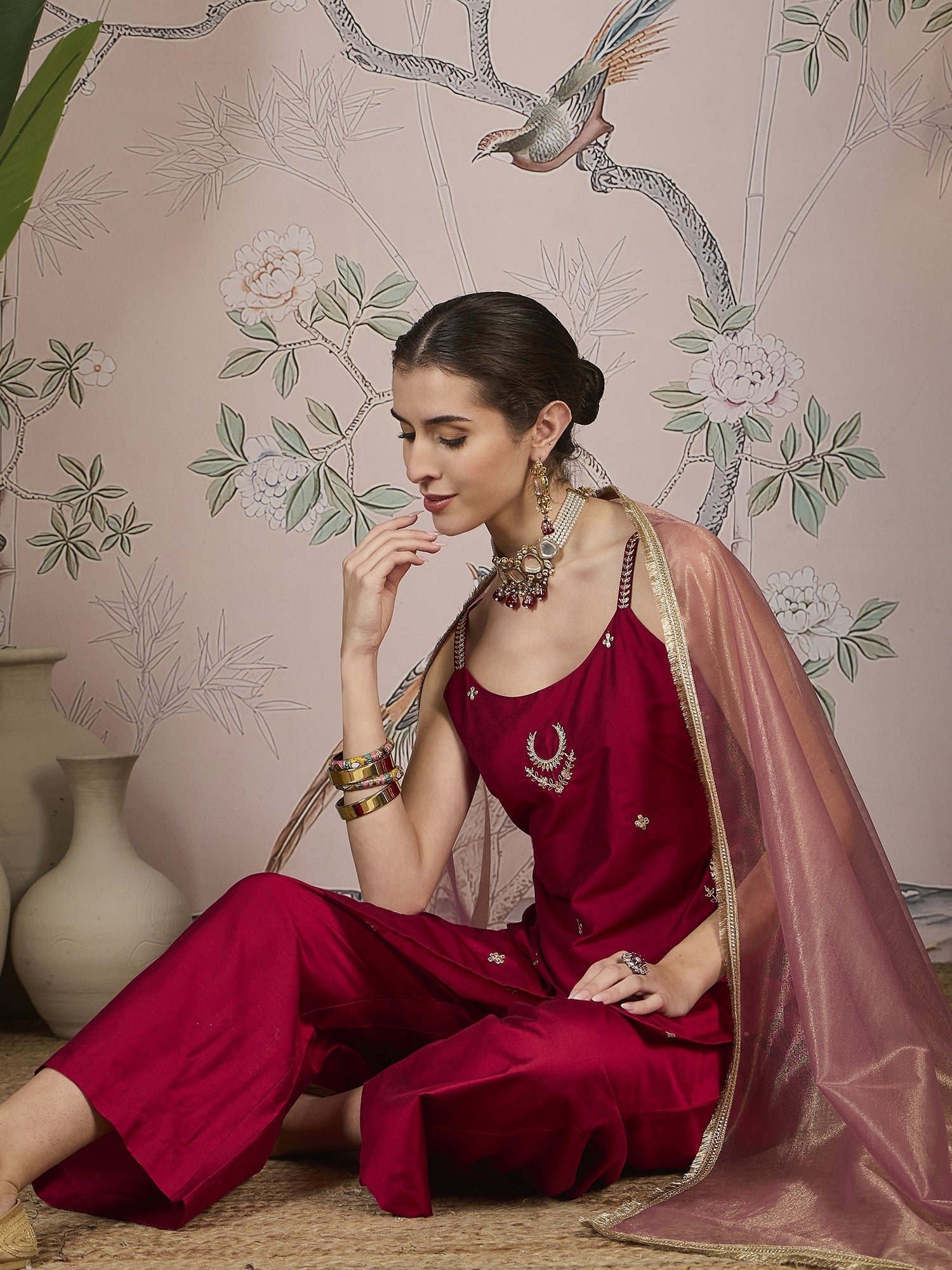 Berry Red Silk Blend Kurta, Pant and Net Dupatta set