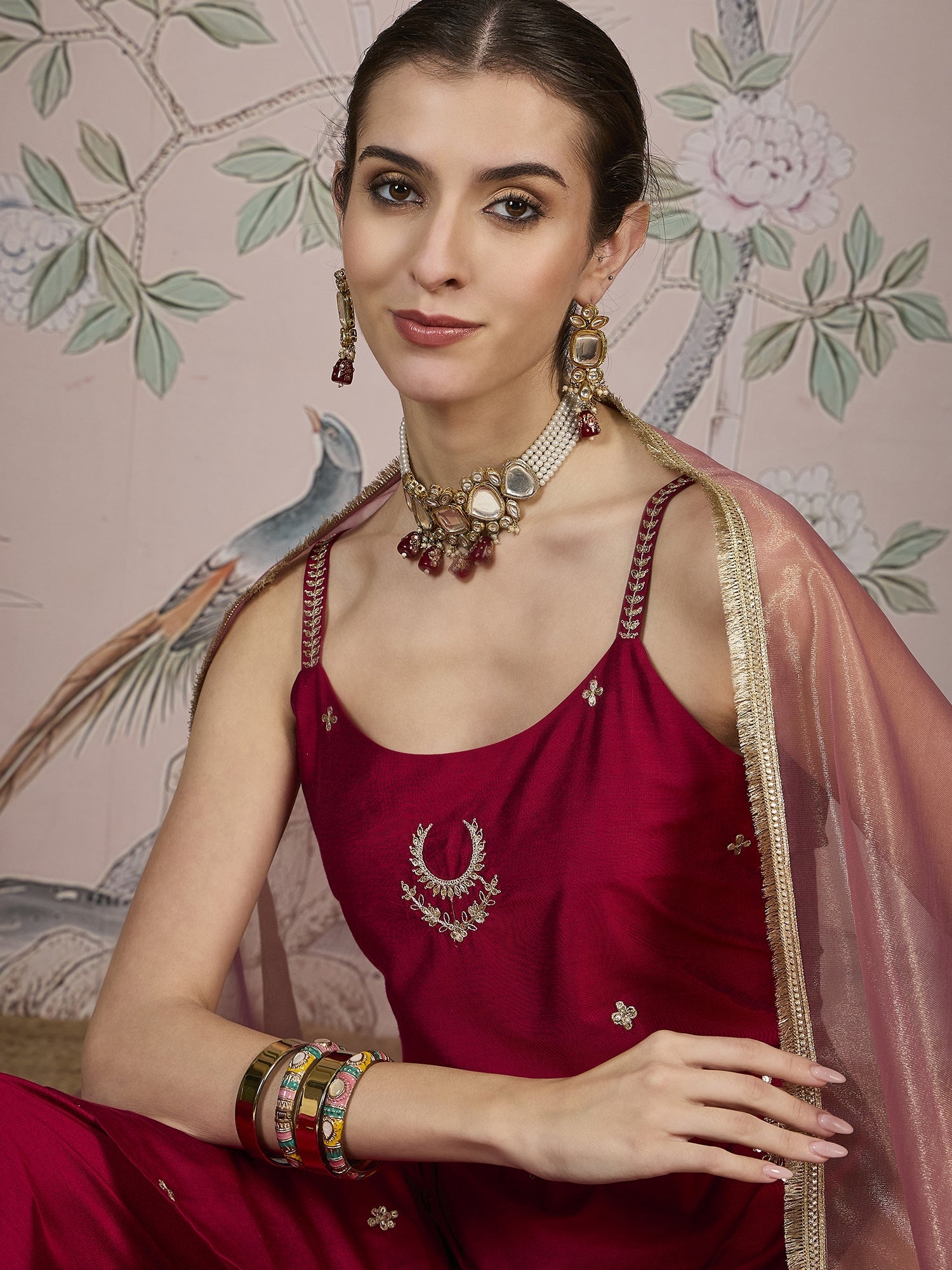 Berry Red Silk Blend Kurta, Pant and Net Dupatta set