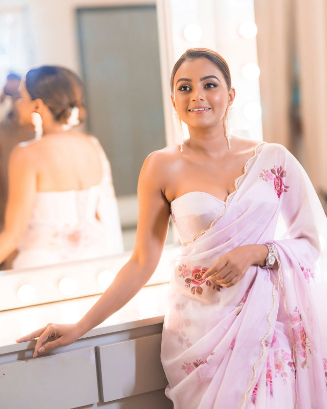 Baby Pink Soft Organza Floral Printed Handwork Saree