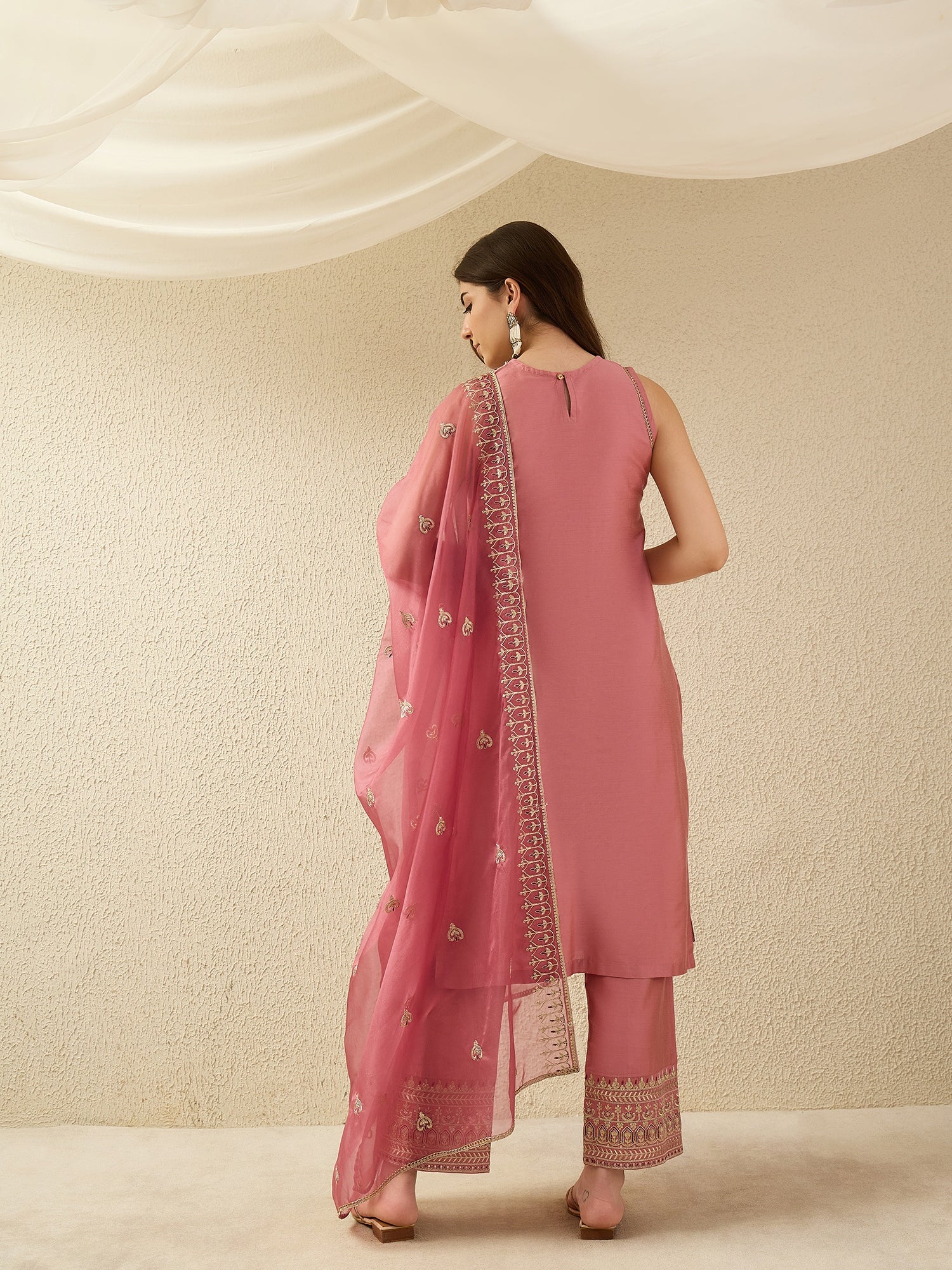 Blush Pink Embroidered Kurta Palazzo Set with Organza Dupatta