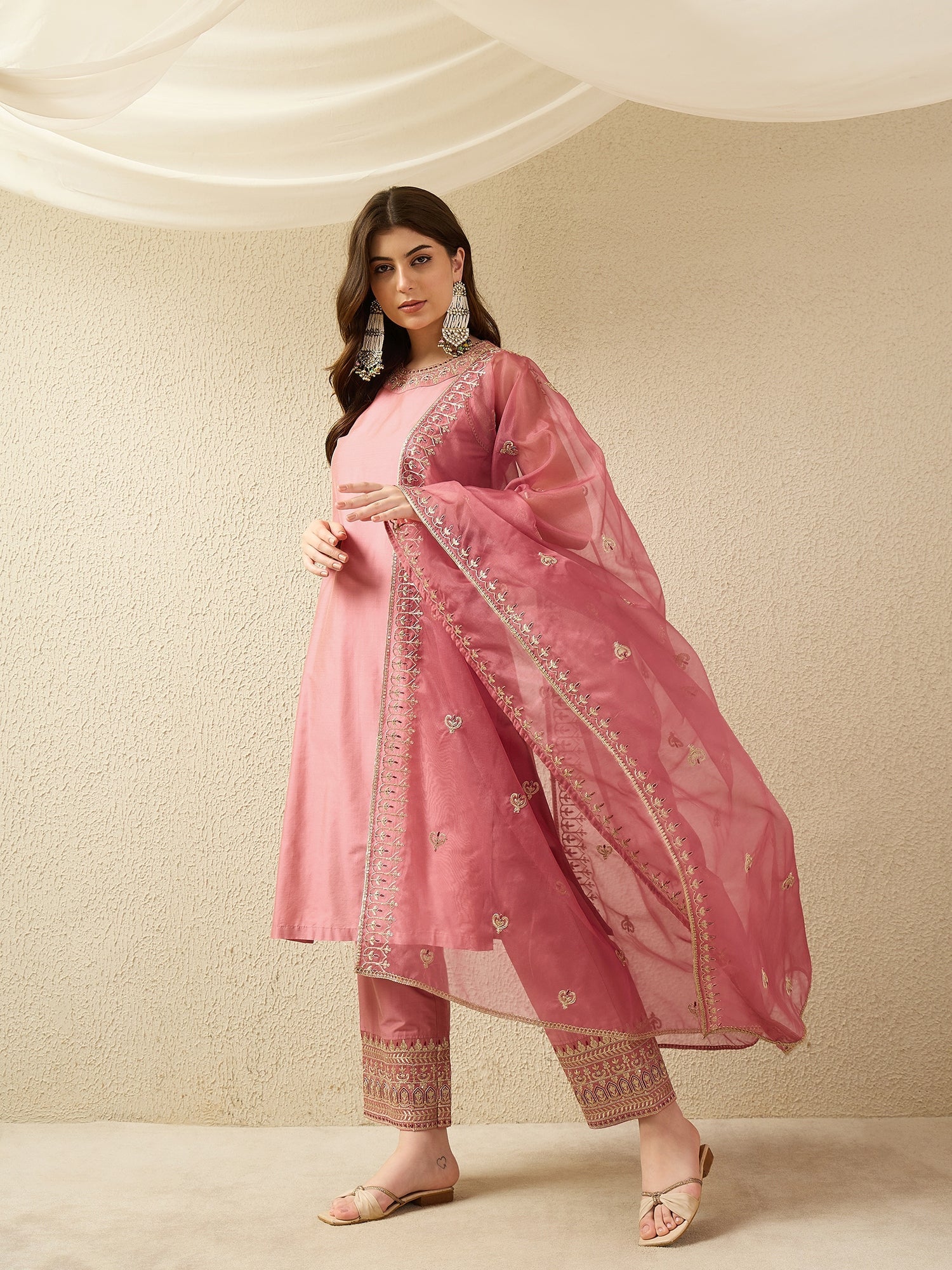 Blush Pink Embroidered Kurta Palazzo Set with Organza Dupatta