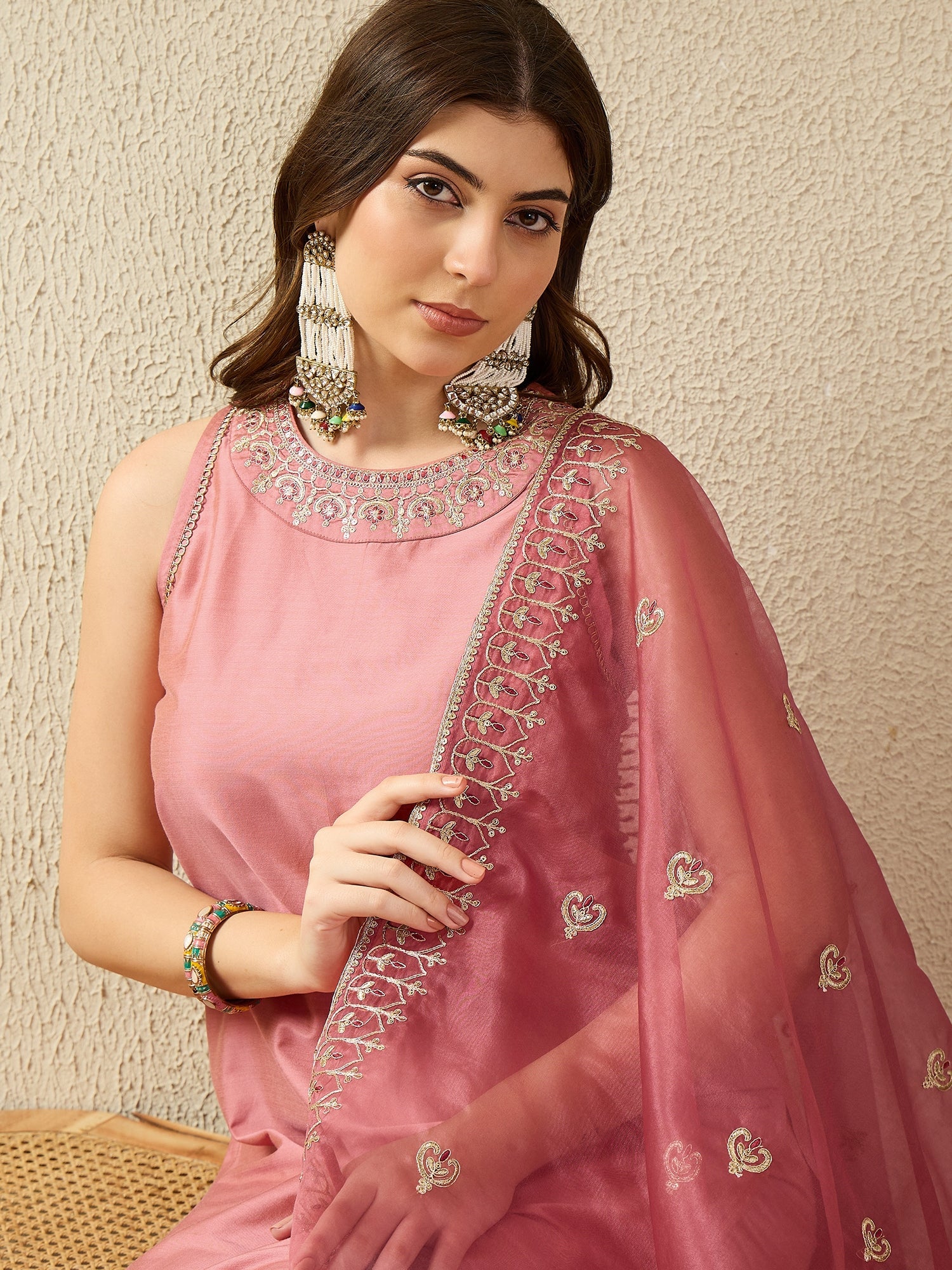 Blush Pink Embroidered Kurta Palazzo Set with Organza Dupatta