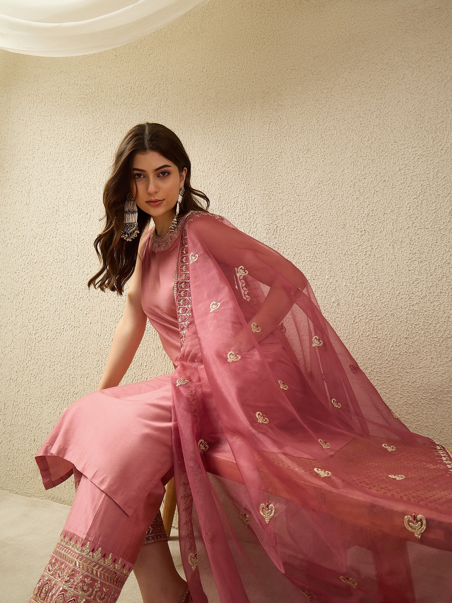 Blush Pink Embroidered Kurta Palazzo Set with Organza Dupatta