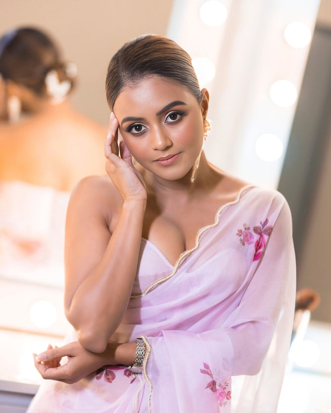 Baby Pink Soft Organza Floral Printed Handwork Saree