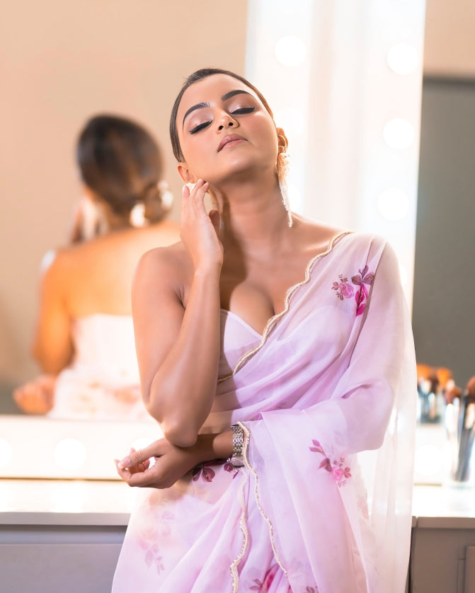 Baby Pink Soft Organza Floral Printed Handwork Saree