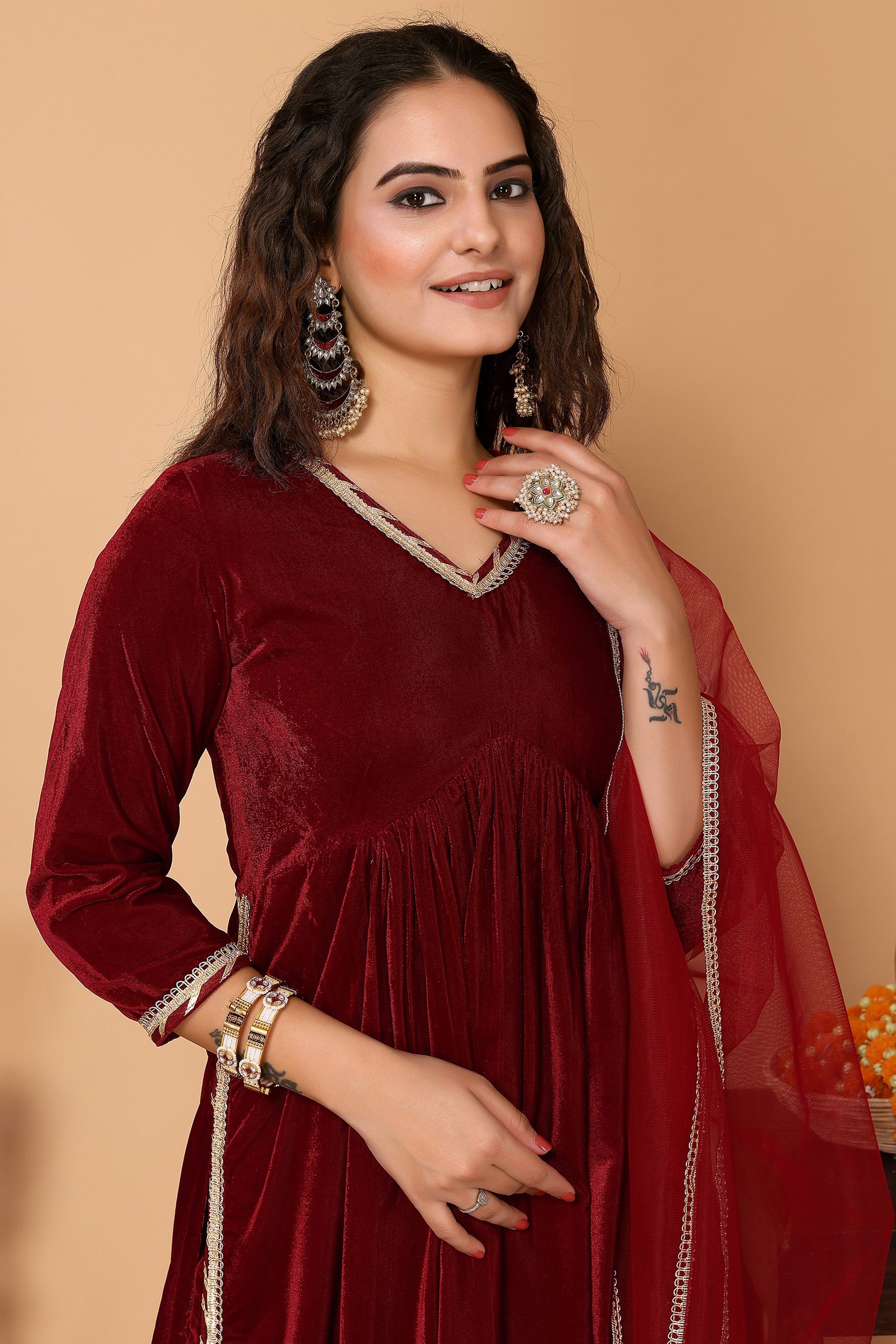 Alia-Cut Red Velvet Kurta, Pant & Net Dupatta Set.