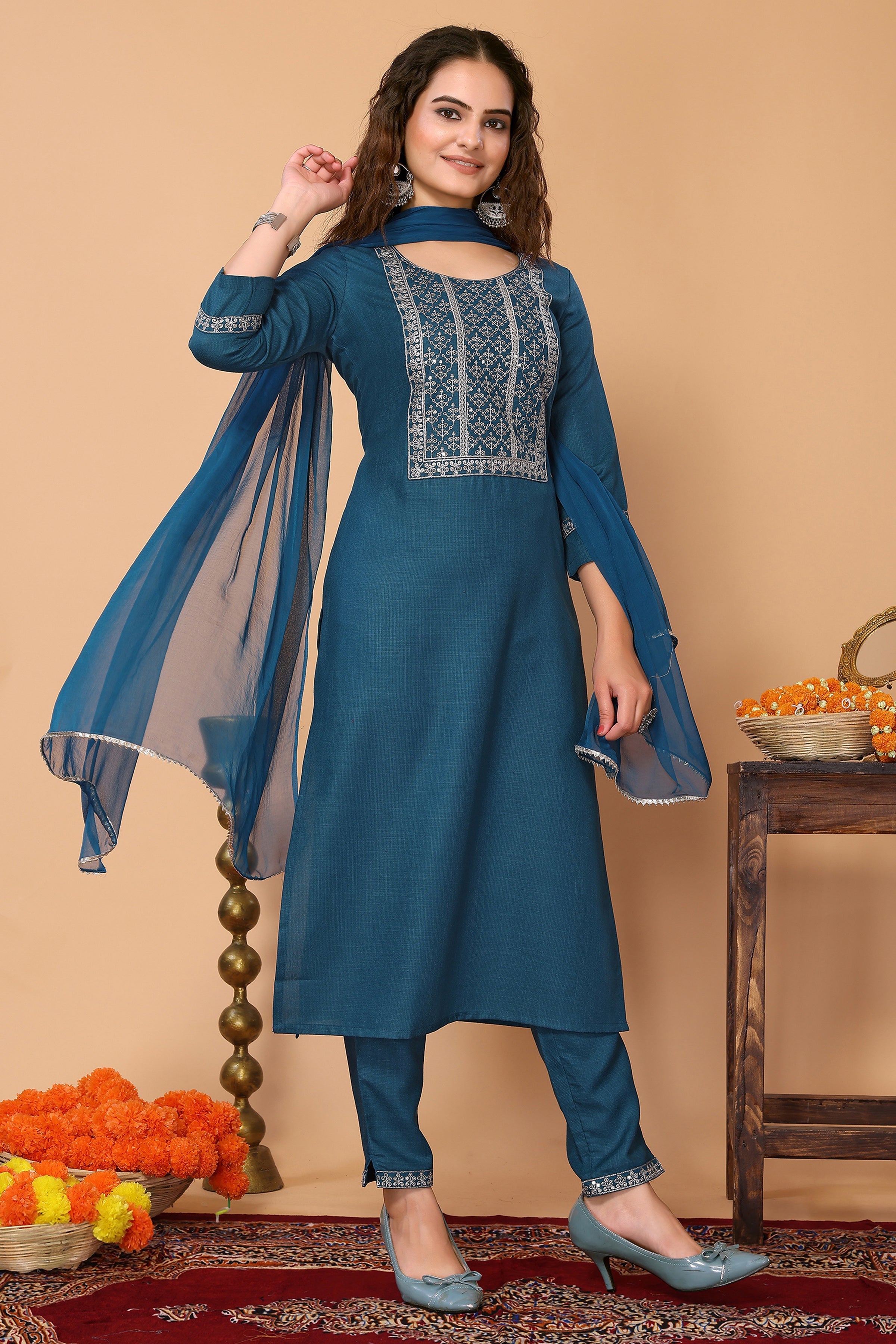 Blue Cotton Blend Embroidered Neck Kurta with Pant, & Dupatta.